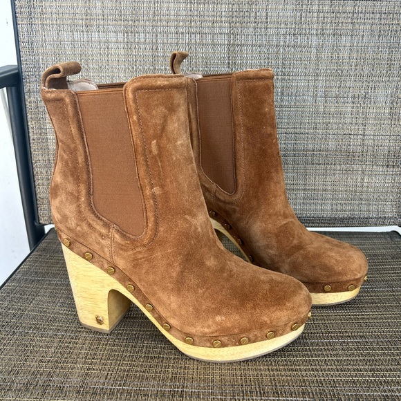 New Size 7 Veronica Beard Decker Boots Tan Hazelwood Suede Wood Platform Clog - Picture 1 of 10